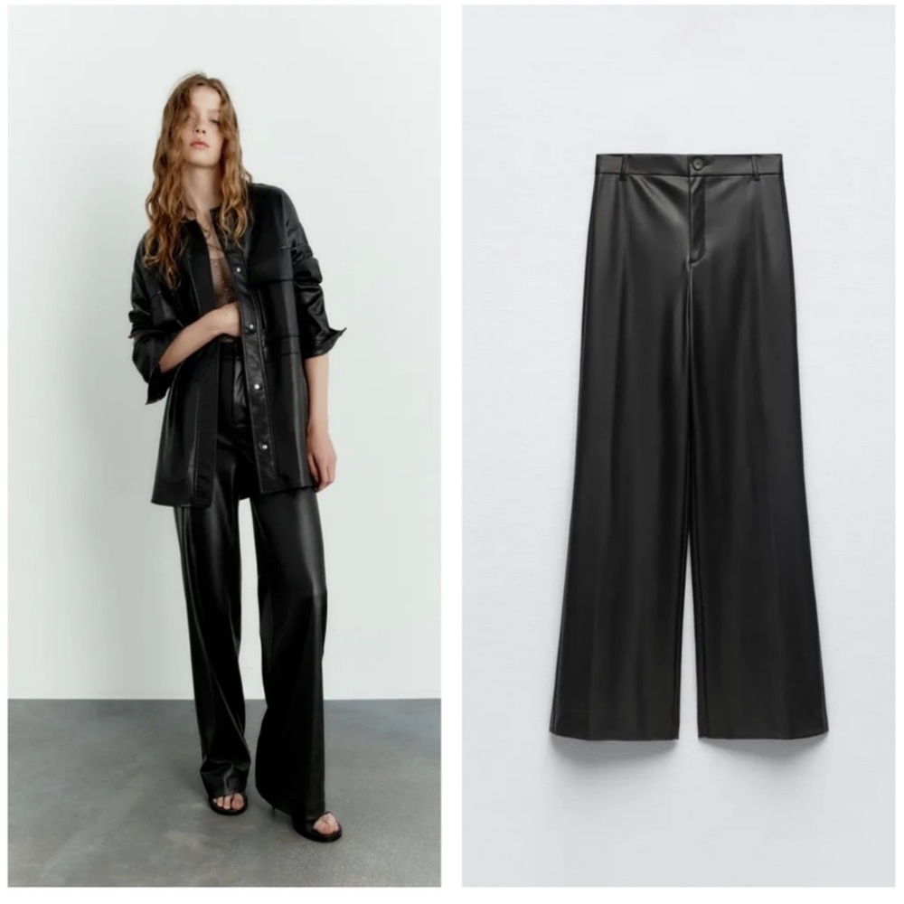ZARA FULL LENGTH FAUX LEATHER BLACK PANTS High-waisted pants with belt loops.